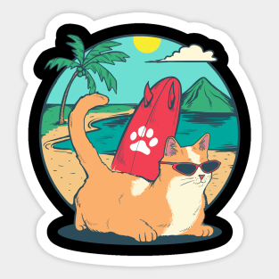 Summer Hawaii Beach Holiday Cat Surf Wave Coconut Vacation Sticker